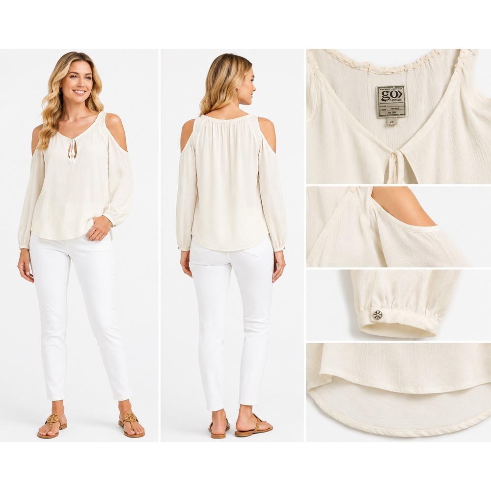 Go by‎ GoSilk Top XS White Boho Airy Fairy Cold Shoulder Washable Silk Tassel
